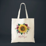 Tote Bag Rose de Sunflower Bourgogne Nom personnalisé<br><div class="desc">Ce joli sac fourre-tout présente un design floral moderne aux aquarelles,  avec un tournesol rustique couleur aquarelle,  des fleurs bordeaux et des feuillages. Personnalisez-le avec votre nom ou vos initiales. Ce sac présente le même design à l'avant et à l'arrière.</div>