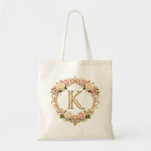 Tote Bag Rose Doré avec Fleurs et Monogramme Lettre K Maria