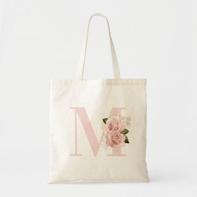 Tote Bag Rose doré pailleté girly floral blush monogramme (Devant)