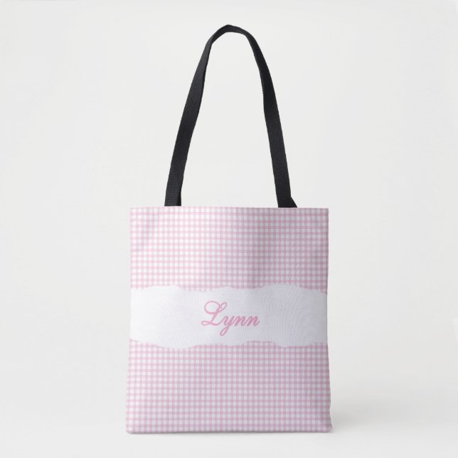 Tote Bag Rose et Blanc Gingham Classique | Nom Personnalisé (Devant)