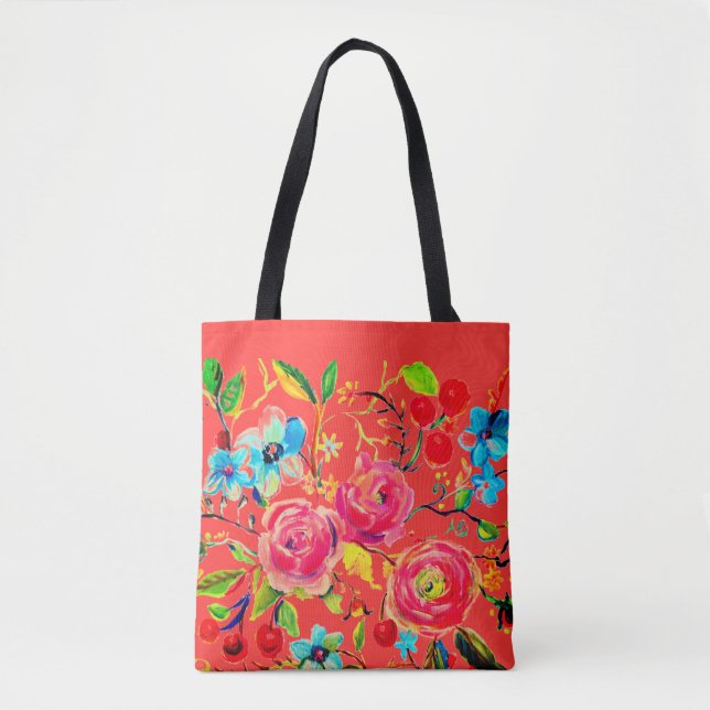 Tote Bag Rose et cerise en fleurs Vermillion (Devant)