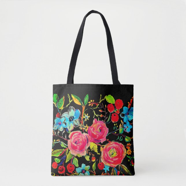 Tote Bag Rose et cerisier en fleurs Noir (Devant)