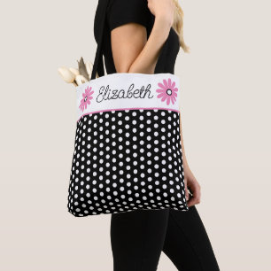 Tote Bag Rose et noir avec pois blancs personnalisés