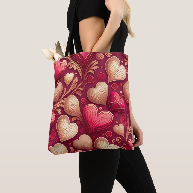 TOTE BAG ROSE ET OR VALENTINE AIMER LES COEURS (De près)