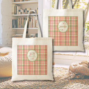 Tote Bag Rose et vert à carreaux Joie dans chaque chapitre