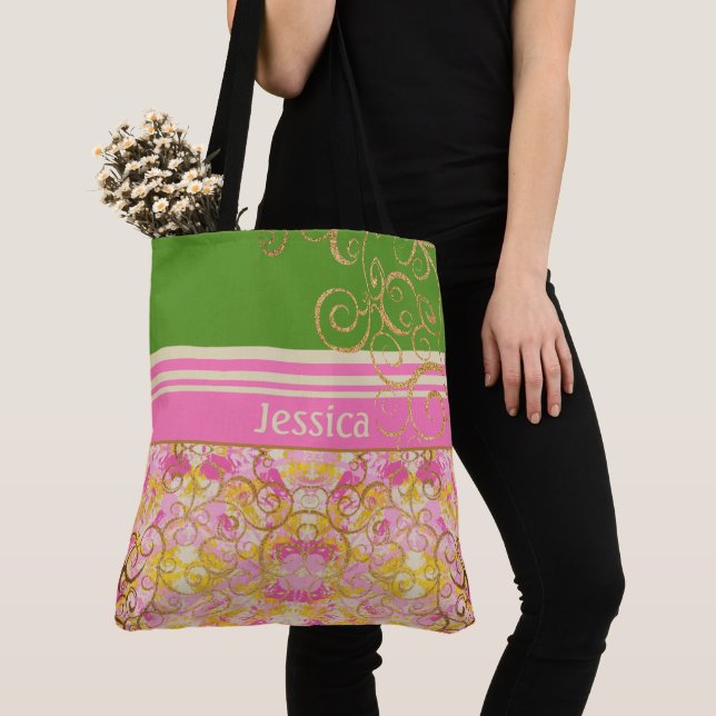 Tote Bag Rose et Vert Chic Amusant (De près)