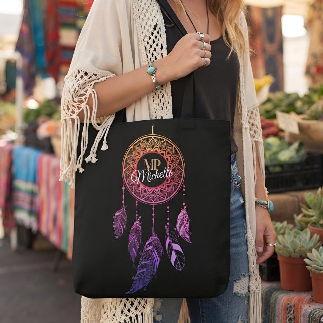 Tote Bag Rose et Violet Boho Dreamcatcher Nom Personnalisé (Créateur téléchargé)