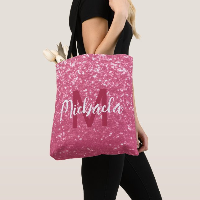 Tote Bag Rose faux pailleté rose clair Monogramme (De près)