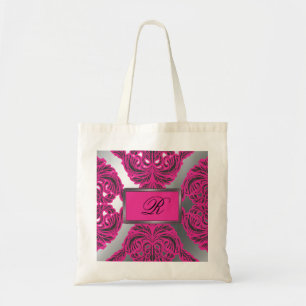 Tote Bag Rose fleuri de damassé, noir, argent