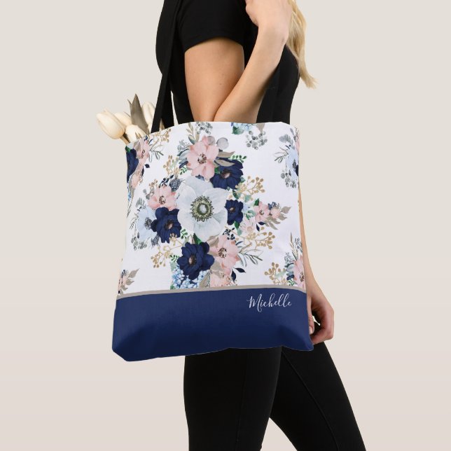 Tote Bag Rose Fleurie Bleu Marine avec Nom (De près)