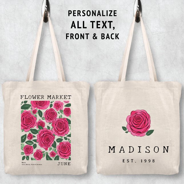 Tote Bag Rose Floral Imprimer Juin Fleur de naissance March (Personalized June Birth Flower Market Tote Bag, Custom Name Tote Bag, Bachelorette Bridesmaid Gifts )