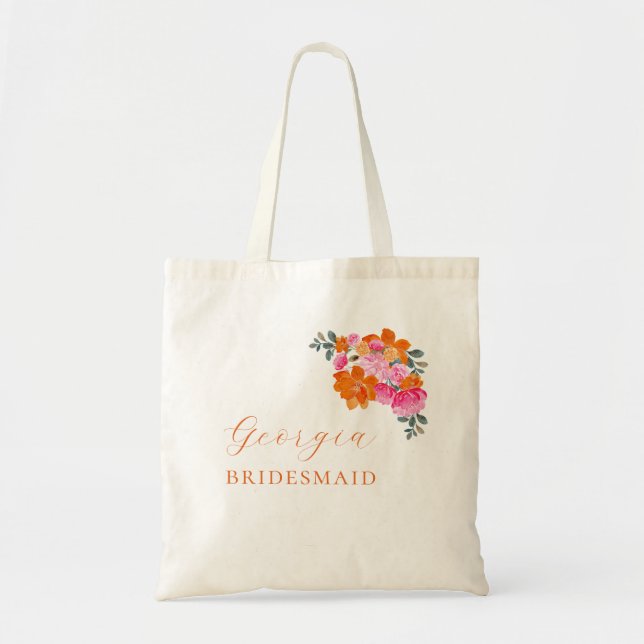 Tote Bag Rose Floral Mariée Demoiselle d'Honneur Nom Mariag (Devant)