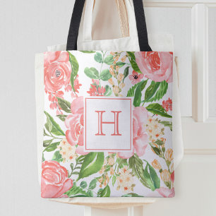 Tote Bag Rose Florale Rose Fleur Pêche Aquarelle Joli Monog