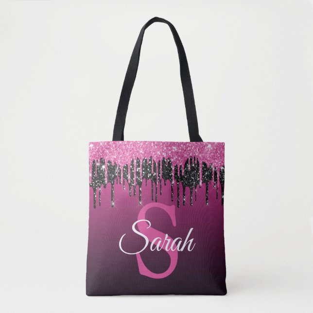 Tote Bag Rose foncé noir paillettes monogramme luxe moderne (Devant)