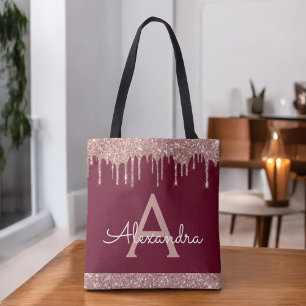 Tote Bag Rose Gold Burgundy Glitter Monogramme Élégant