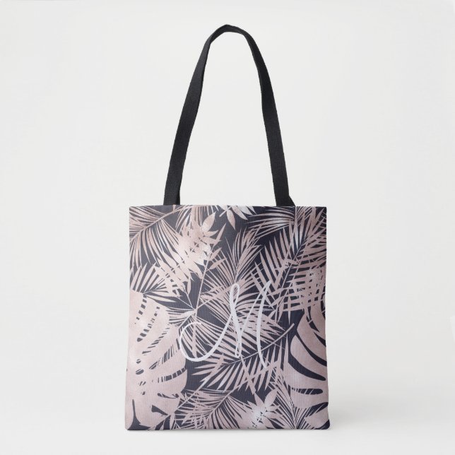 Tote Bag Rose Gold fausse feuille feuilles tropicaux monogr (Devant)