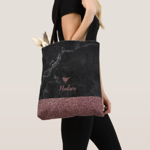 Tote Bag Rose Gold Faux Pailleté Petit Oiseau sur Marbre No