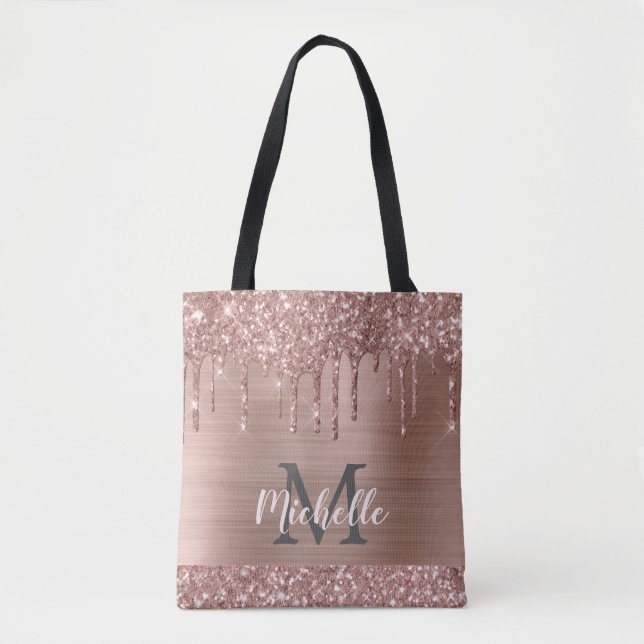Tote Bag Rose Gold Glitter Drips on Pink Metal Monogrammed (Devant)