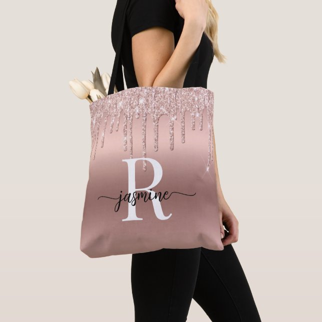 Tote Bag Rose Gold Glitter Drips Rose Métal Fille Monogramm (De près)