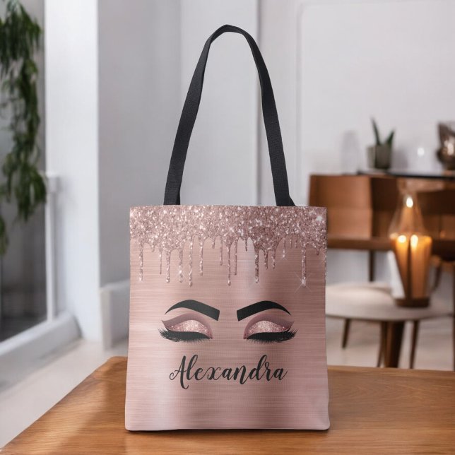 Tote Bag Rose Gold Glitter Sparkle Eyelashes Monogram (Créateur téléchargé)