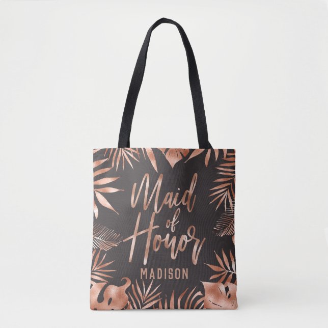 Tote Bag Rose Gold & Grey Tropical Palm Leaf Maid of Honor (Devant)