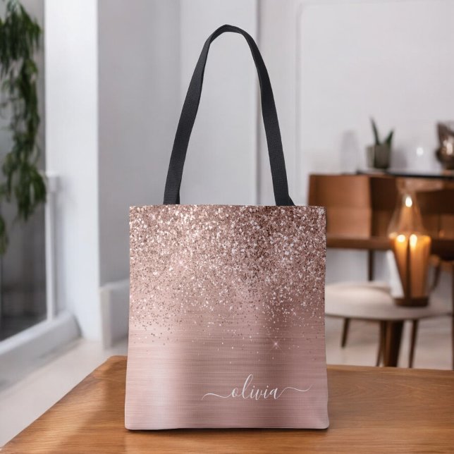 Tote Bag Rose Gold Métal Brossé Monogramme Pailleté Rose (Créateur téléchargé)