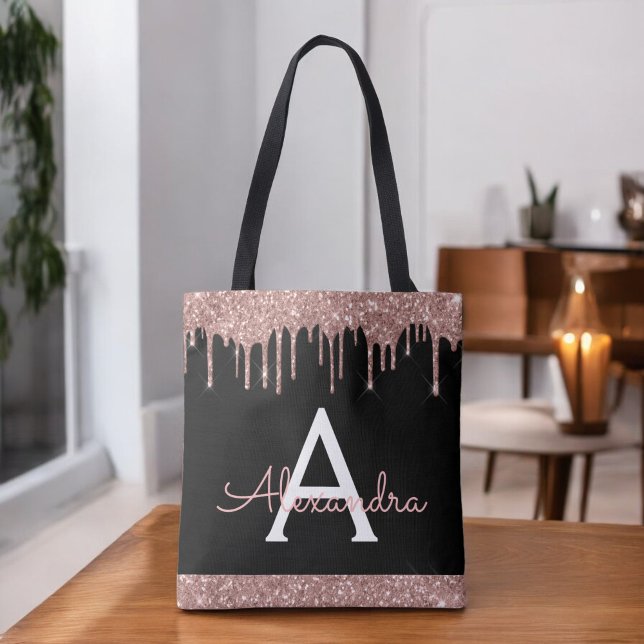 Tote Bag Rose Gold Noir Pailleté Élégant Monogramme (Créateur téléchargé)