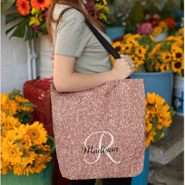 Tote Bag Rose Gold Paillette Glitter Monogramme Joli (Créateur téléchargé)