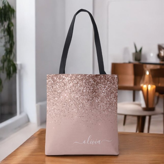 Tote Bag Rose Gold Poudré Pailleté Monogramme Nom (Créateur téléchargé)
