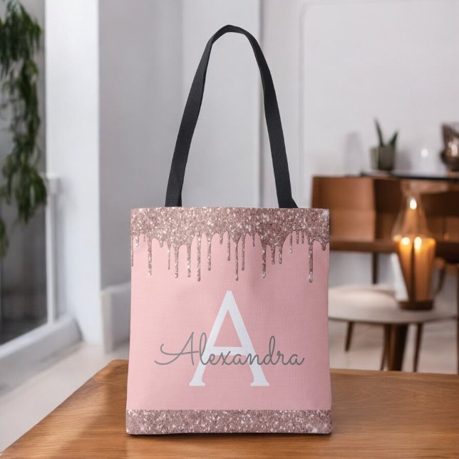 Tote Bag Rose Gold Rose Blush Élégant Monogramme (Créateur téléchargé)
