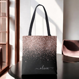 Tote Bag Rose Gold Rose Pâle Noir Paillettes Monogramme Nom