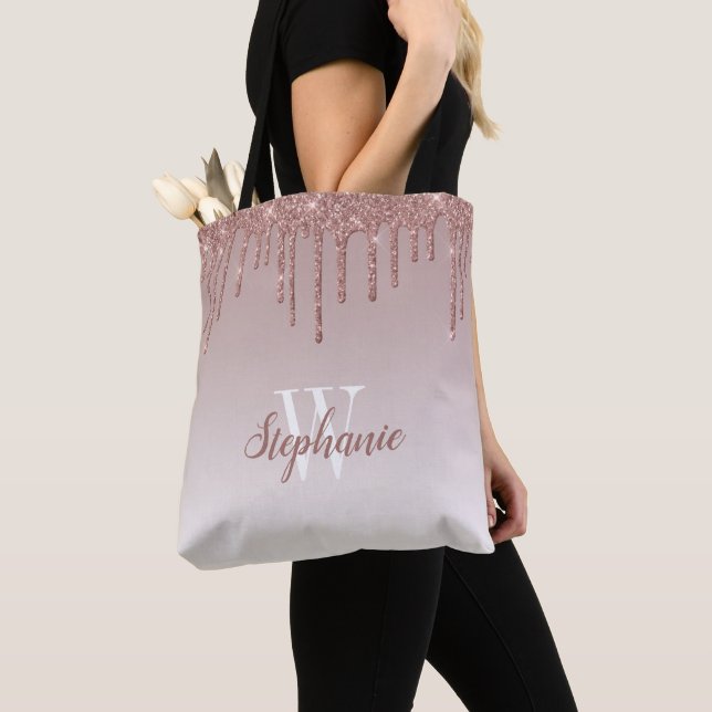Tote Bag Rose Gold Sparkle Faux Parties scintillant Monogra (De près)