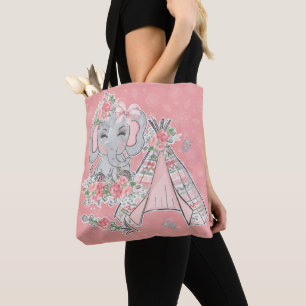 TOTE BAG ROSE & GRIS BOHO BABY ELEPHANT & DREAMCATCHER