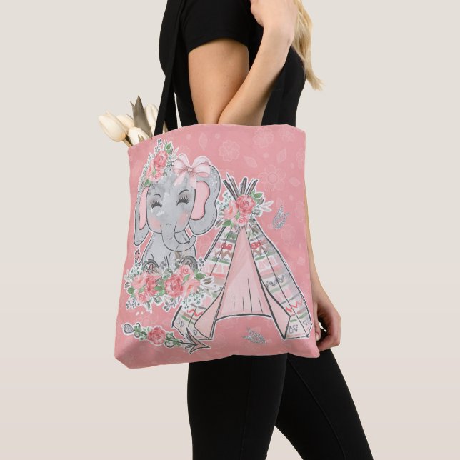 TOTE BAG ROSE & GRIS BOHO BABY ELEPHANT & DREAMCATCHER (De près)