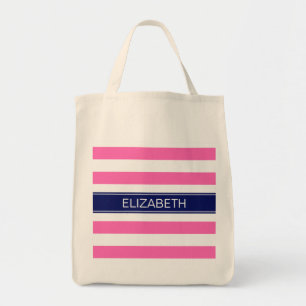 Tote Bag Rose Hot #2 Whal Horiz Stripe Nom de la marine Mon