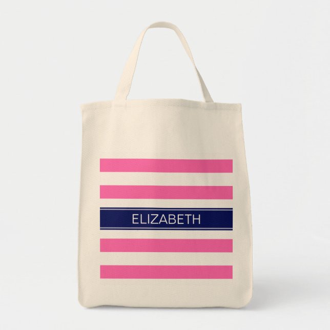 Tote Bag Rose Hot #2 Whal Horiz Stripe Nom de la marine Mon (Devant)