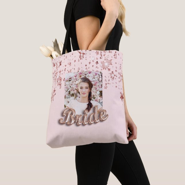 Tote Bag Rose mariée fond rose étoilé photo (De près)