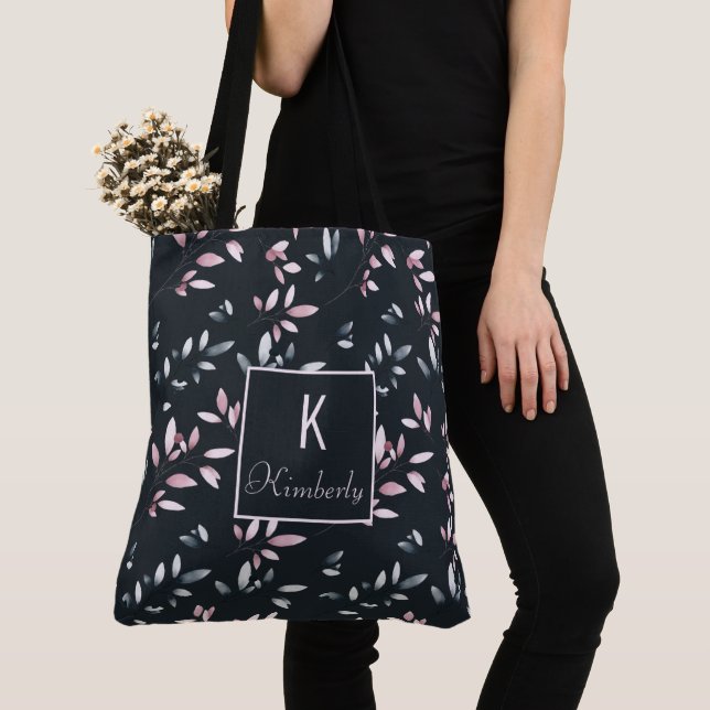 Tote Bag Rose Navy Élégant Tendance Monogramme Initial Nom (De près)