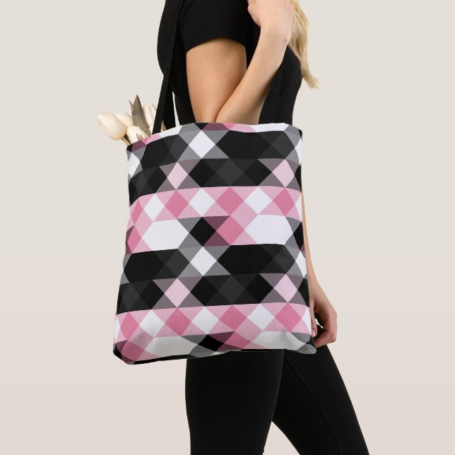 Tote Bag rose noir gris blanc géométrique (De près)