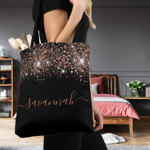Tote Bag Rose noir parties scintillant or script monogramme