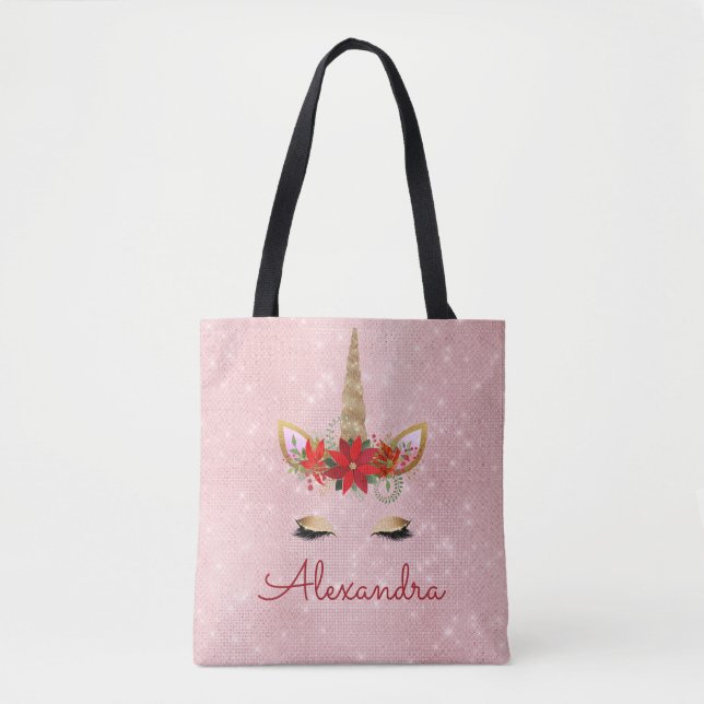 Tote Bag Rose or rose de Noël Unicorn Monogramme (Devant)