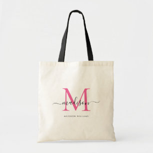 Tote Bag Rose Pâle Chaud Noir Monogramme Initiale Nom Scrip