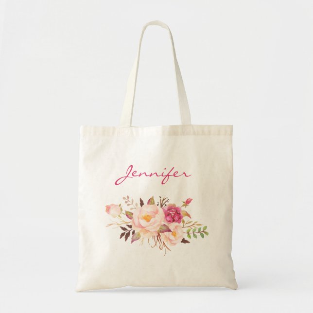 Tote Bag Rose Pâle Floral & Nom (Devant)