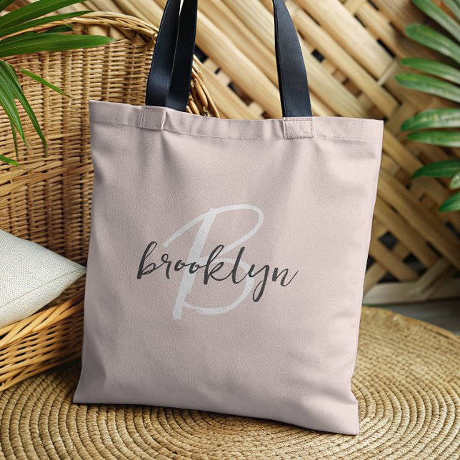 Tote Bag Rose Pâle Gris Blanc Monogramme (Créateur téléchargé)