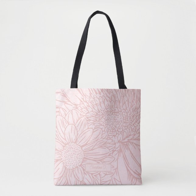 Tote Bag Rose Pâle Grunge avec Nom et Chrysanthèmes (Devant)