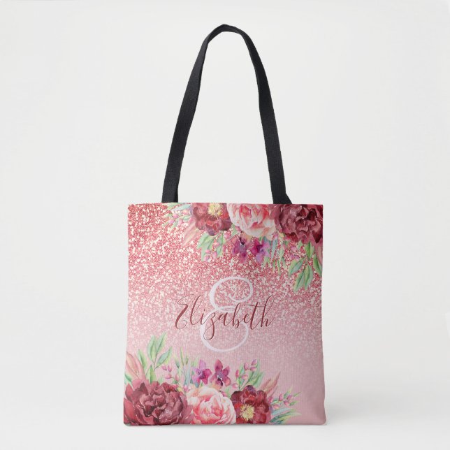 Tote Bag Rose Parties scintillant or Blush Bourgogne Floral (Devant)