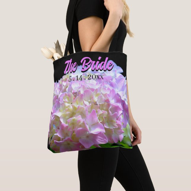 Tote Bag rose pastel jaune violet hydrangée fleurs Mariée (De près)