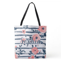 Rose Pêche Floral Rayure Navy Personnalisé