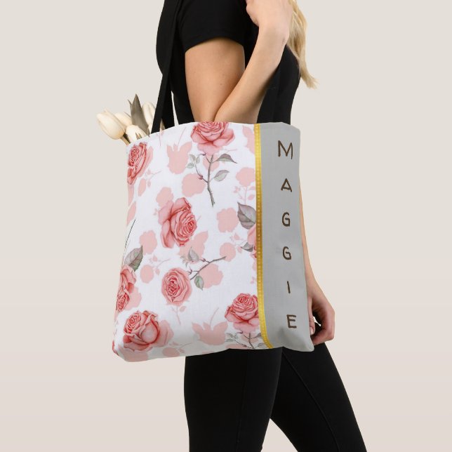 Tote Bag Rose personnalisé sur la conception de rose blanc (De près)
