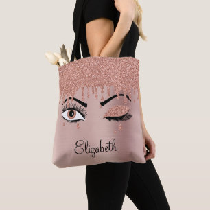 Tote Bag Rose Pink Gold Eyelashes Dripping Glitter